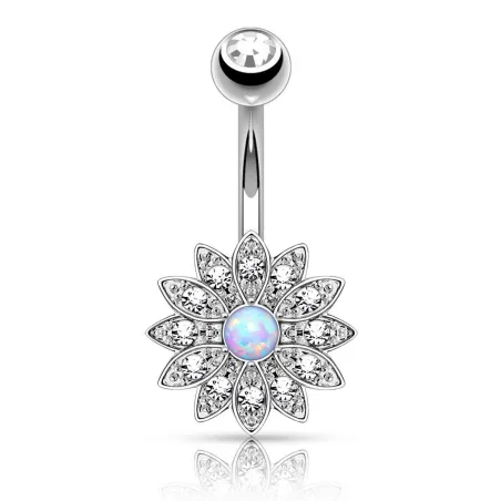 Piercing nombril petite fleur opale argenté