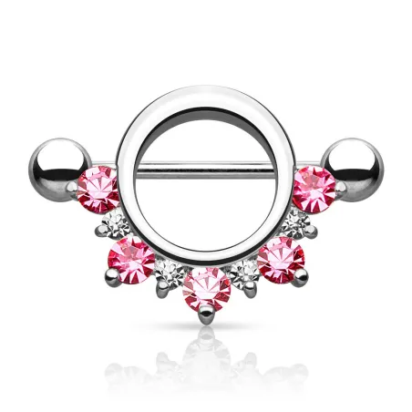 Piercing téton bouclier cinq gemmes rose