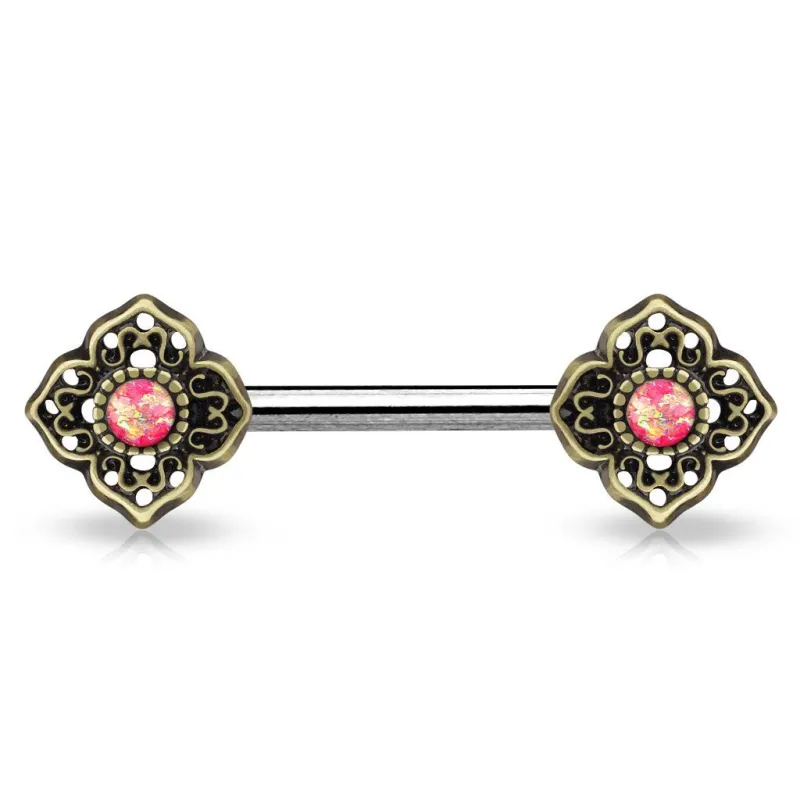 Piercing téton fleur tribale opale rose