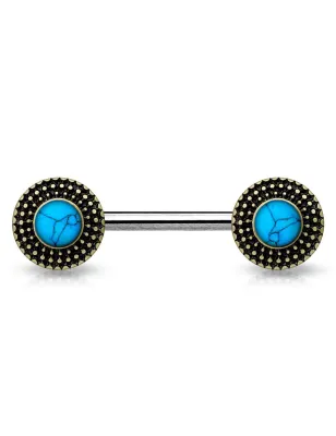 Piercing téton bouclier tribal turquoise doré