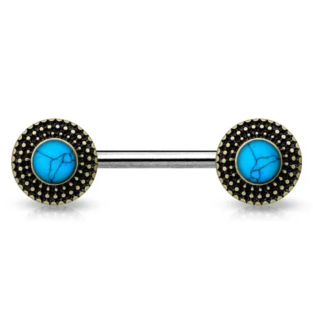 Piercing téton bouclier tribal turquoise doré