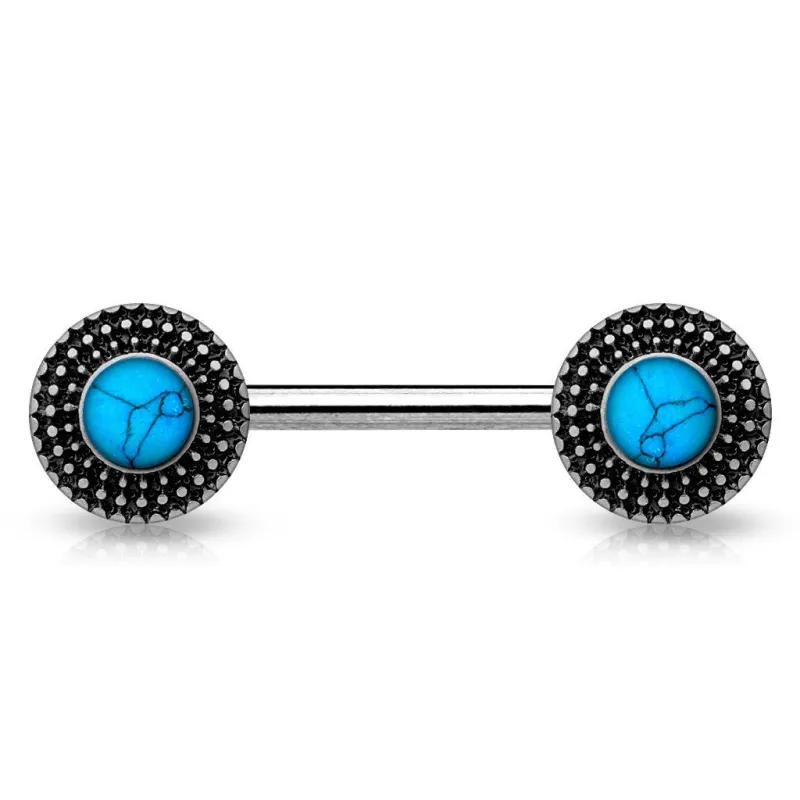 Piercing téton bouclier tribal turquoise argenté