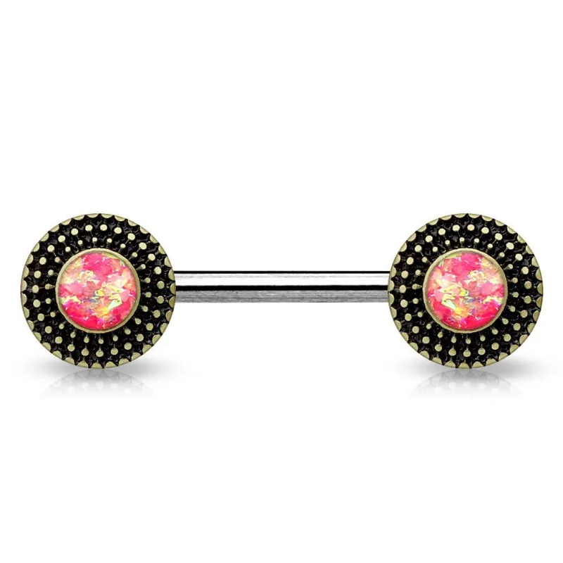 Piercing téton bouclier tribal opale rose