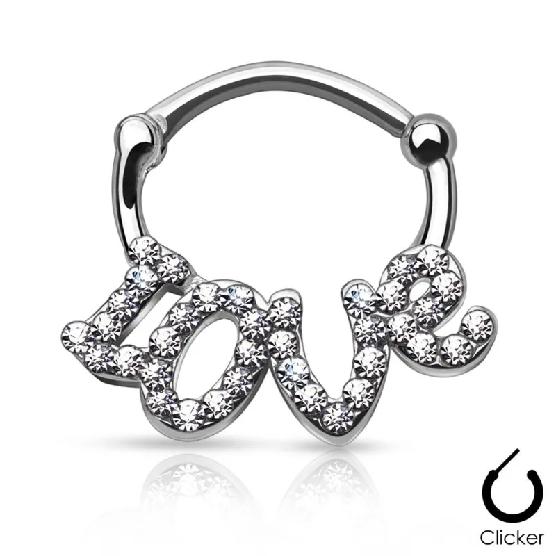 Piercing septum love pavé de strass argenté