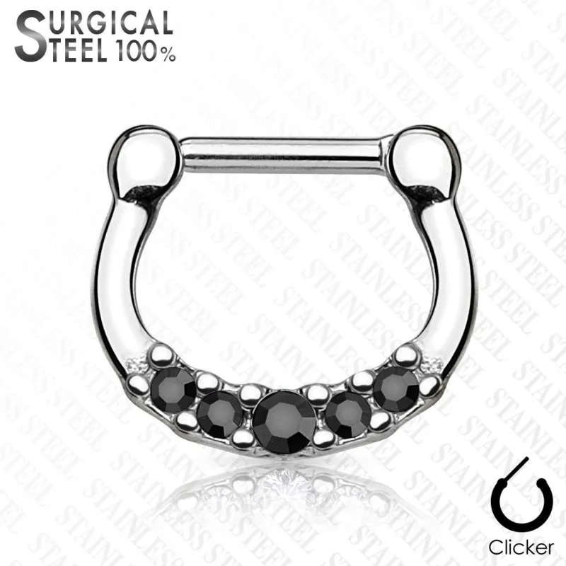 Piercing septum acier chirurgical cinq cristaux noir