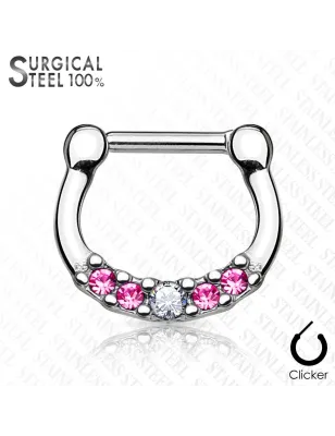 Piercing septum acier chirurgical cinq cristaux rose