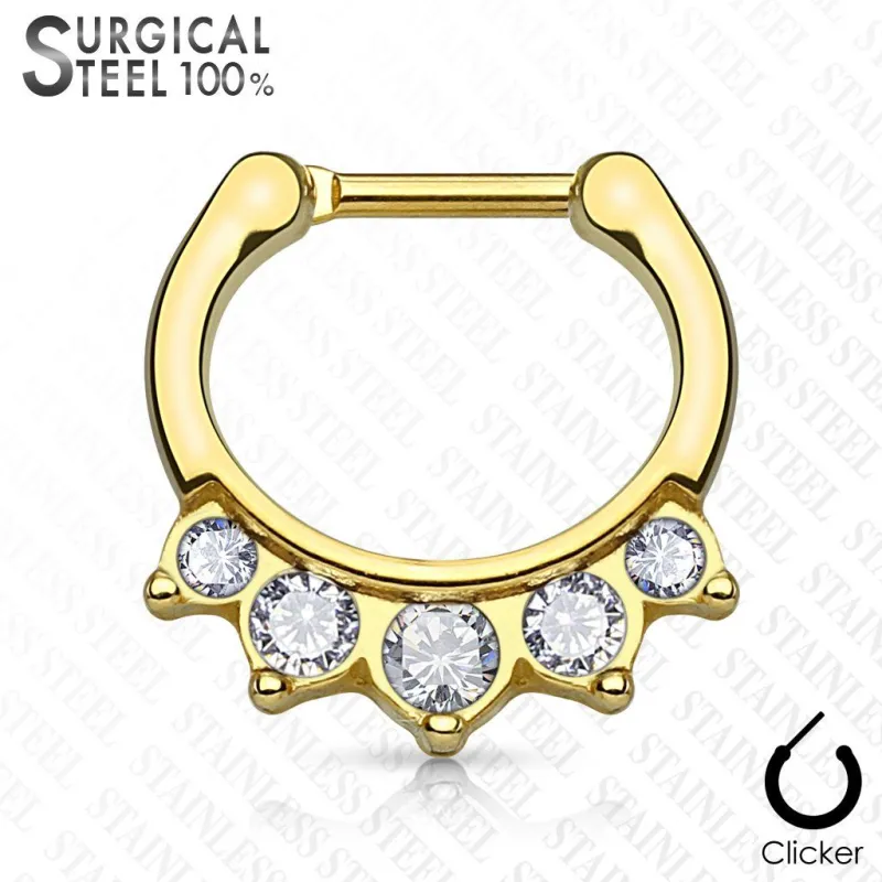 Piercing septum acier chirurgical doré 5 cristaux