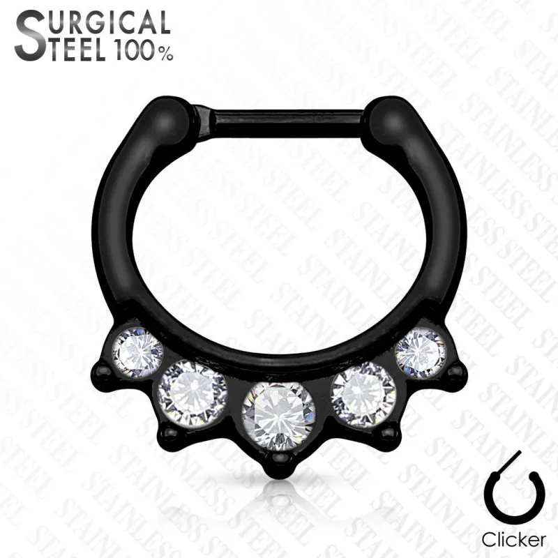 Piercing septum acier chirurgical noir 5 cristaux