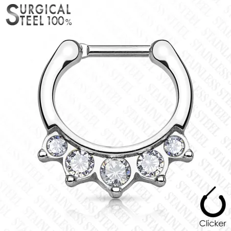 Piercing septum acier chirurgical argenté 5 cristaux