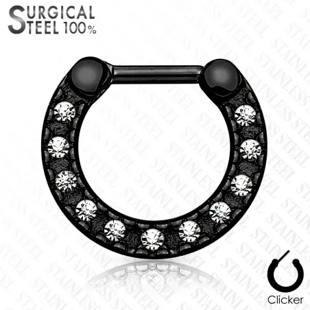 Piercing septum acier chirurgical noir pavé de cristaux