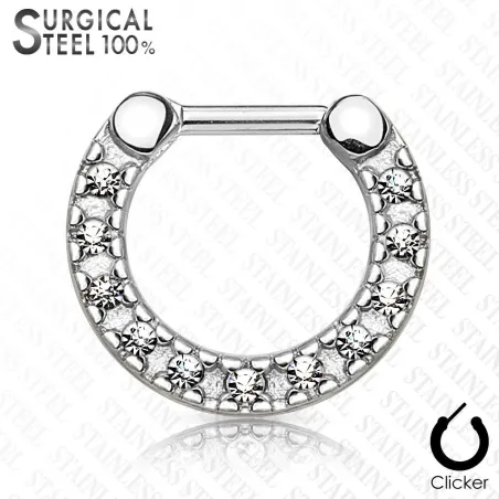 Piercing septum acier chirurgical argenté pavé de cristaux