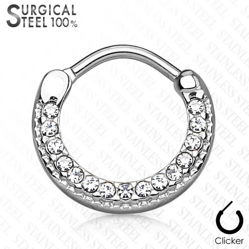 Piercing septum rond acier chirurgical argenté pavé de cristaux