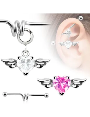 Piercing industriel pendentif cœur ailé strass rose