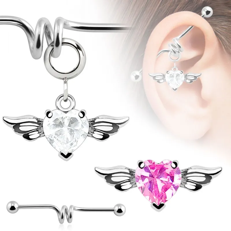 Piercing industriel pendentif cœur ailé strass rose