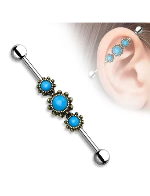 Piercing industriel trois turquoise doré