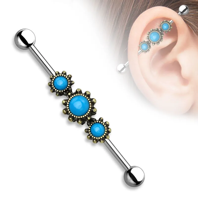 Piercing industriel trois turquoise doré