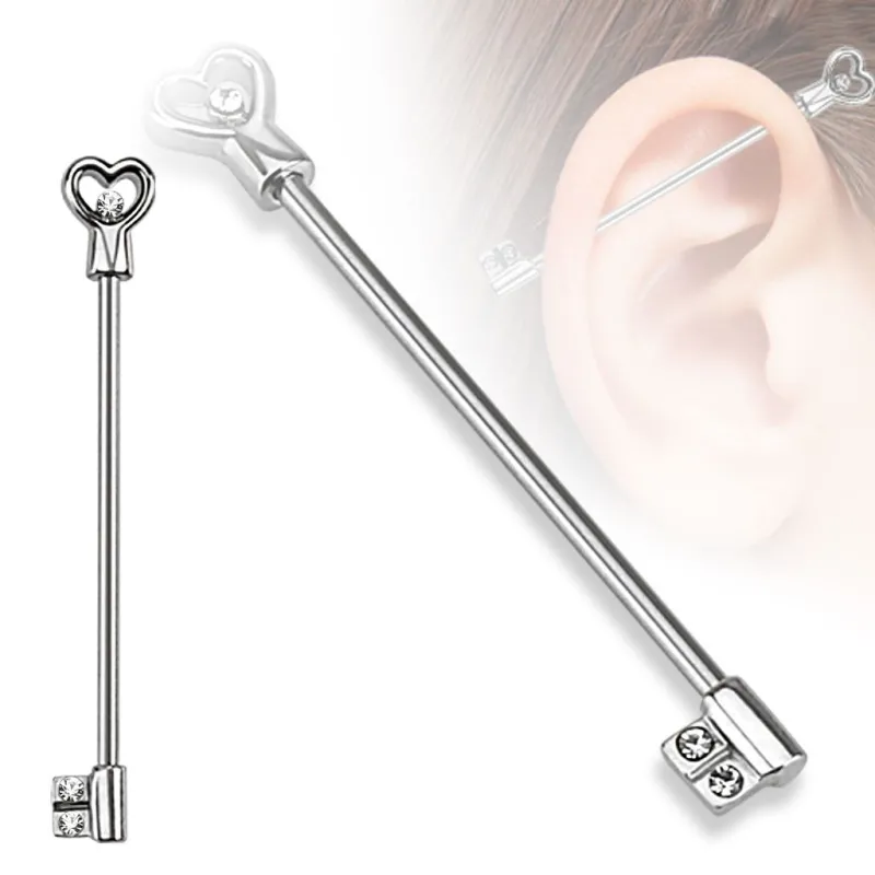 Piercing industriel clef en forme de cœur gemmes blancs