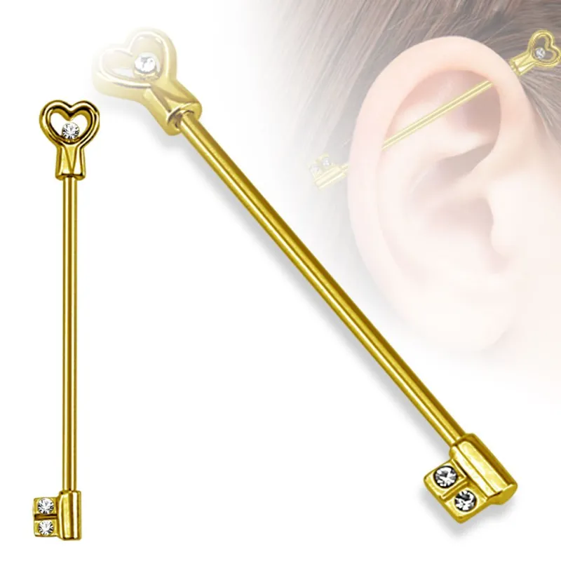 Piercing industriel clef en forme de cœur doré