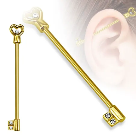 Piercing industriel clef en forme de cœur doré