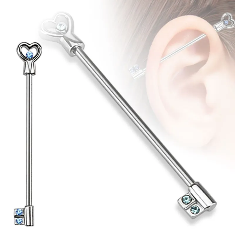 Piercing industriel clef en forme de cœur gemmes turquoises