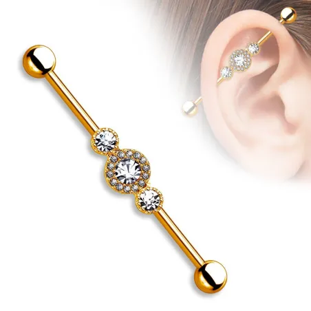 Piercing industriel plaqué or rose trois gemmes