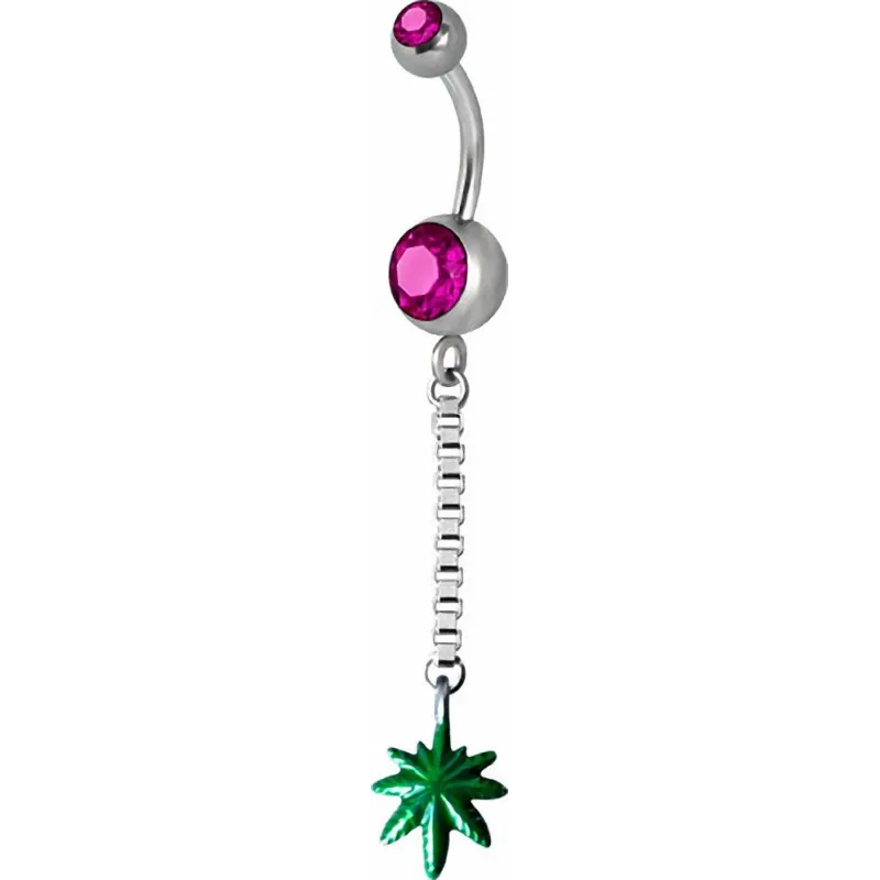 Piercing nombril Swarovski feuille de Cannabis fuchsia