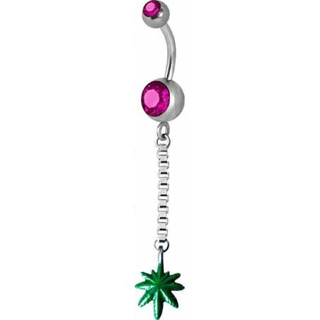 Piercing nombril Swarovski feuille de Cannabis fuchsia