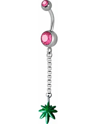 Piercing nombril Swarovski feuille de Cannabis rose