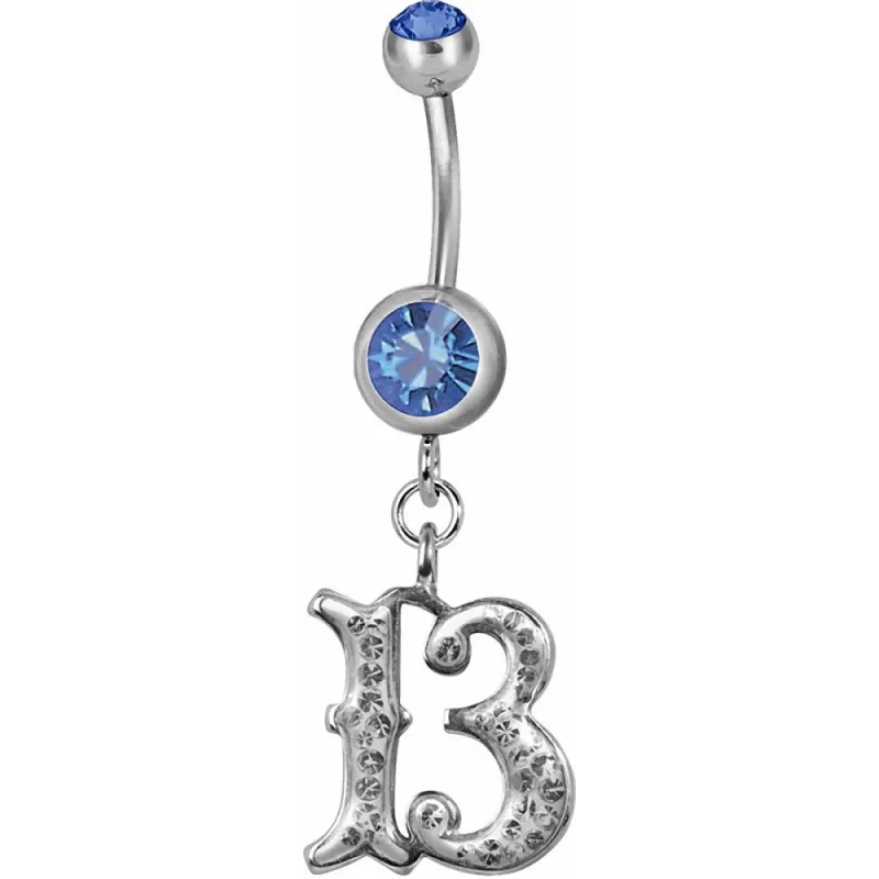 Piercing nombril chiffre 13 Swarovski bleu