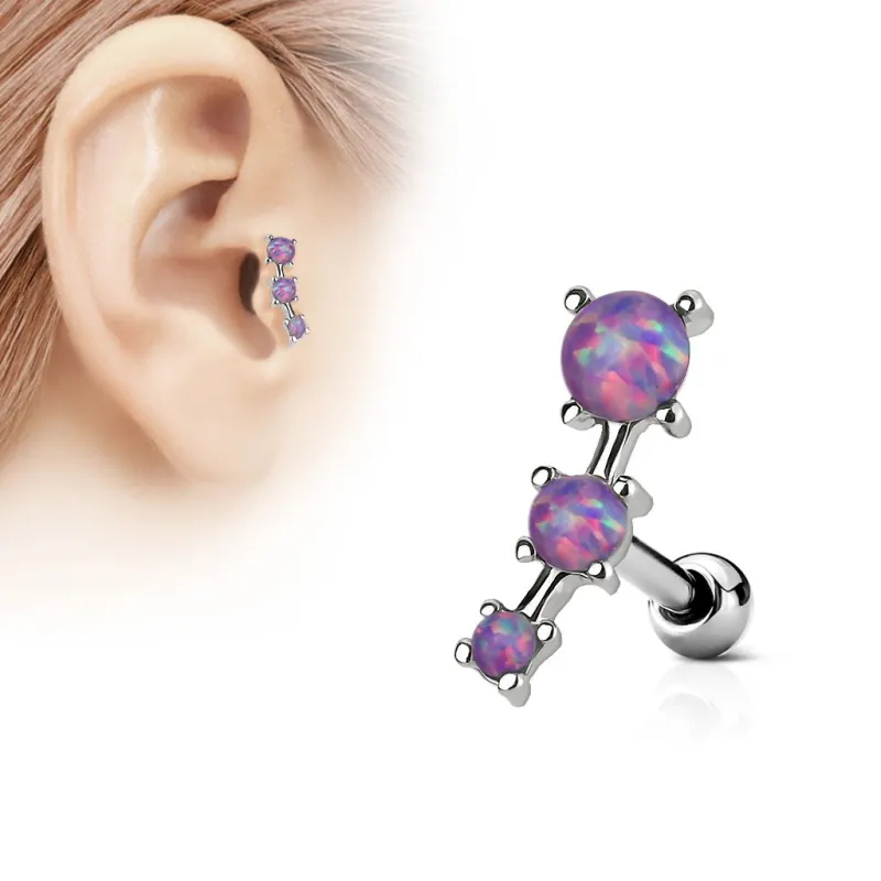 Piercing oreille cartilage trois opale violettes