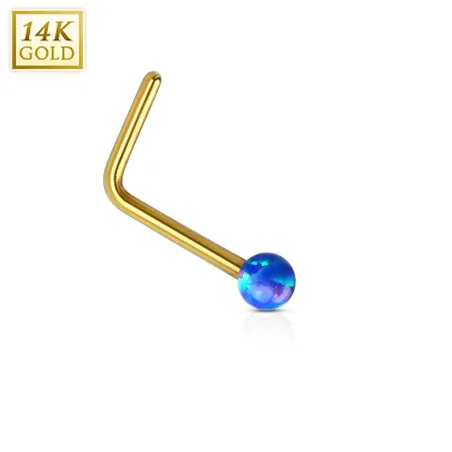 Piercing nez Or jaune 14 carats opale bleu tige en L