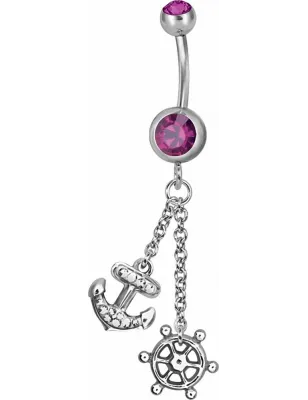 Piercing nombril Swarovski Ancre marine et barre fuchsia