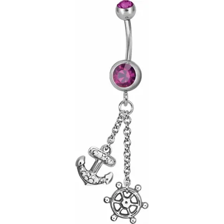 Piercing nombril Swarovski Ancre marine et barre fuchsia