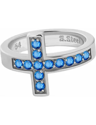 Bague acier croix Swarovski Zirconia bleu