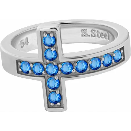 Bague acier croix Swarovski Zirconia bleu