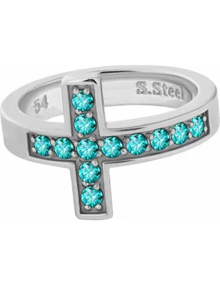 Bague acier croix Swarovski Zirconia turquoise