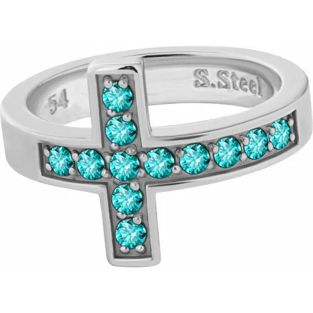 Bague acier croix Swarovski Zirconia turquoise