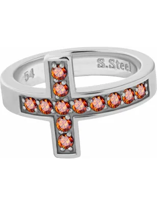 Bague acier croix Swarovski Zirconia orange