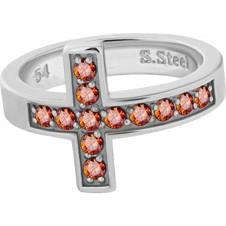 Bague acier croix Swarovski Zirconia orange