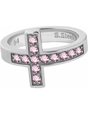 Bague acier croix Swarovski Zirconia rose