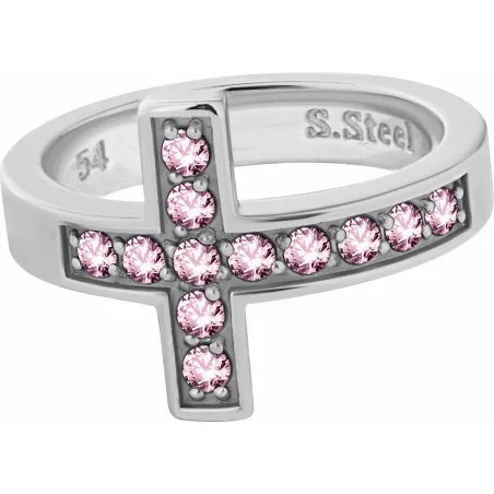 Bague acier croix Swarovski Zirconia rose