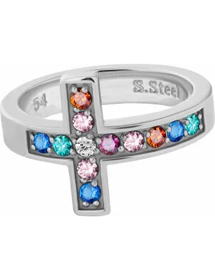 Bague acier croix Swarovski Zirconia rainbow