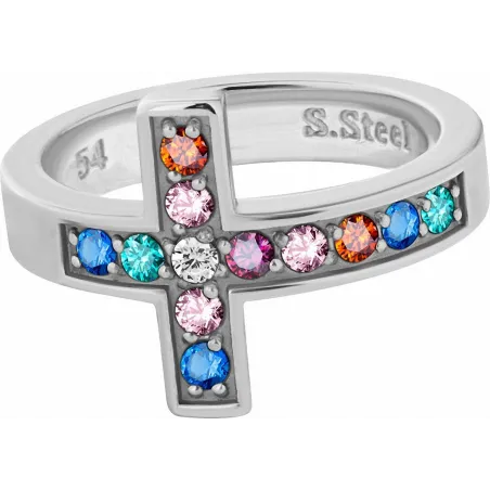 Bague acier croix Swarovski Zirconia rainbow