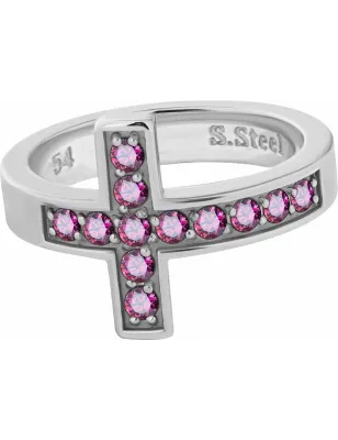 Bague acier croix Swarovski Zirconia fuchsia