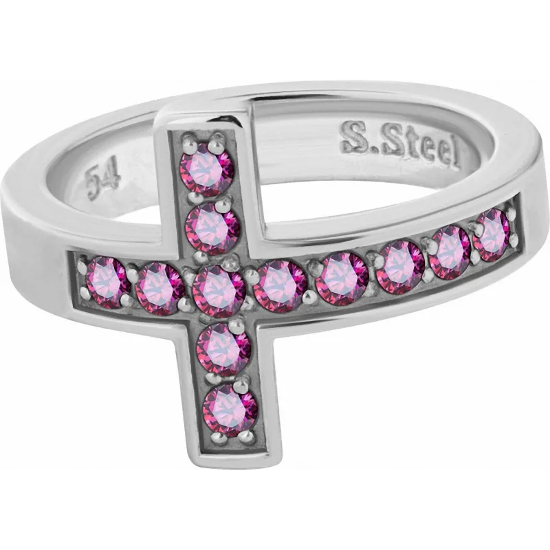 Bague acier croix Swarovski Zirconia fuchsia