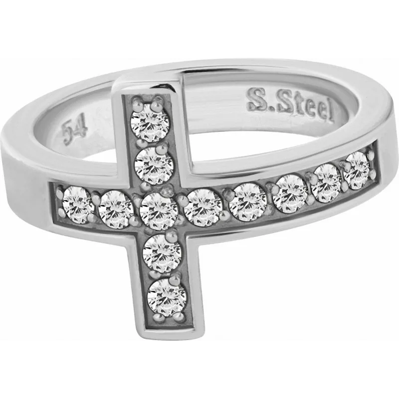 Bague acier croix Swarovski Zirconia blanc