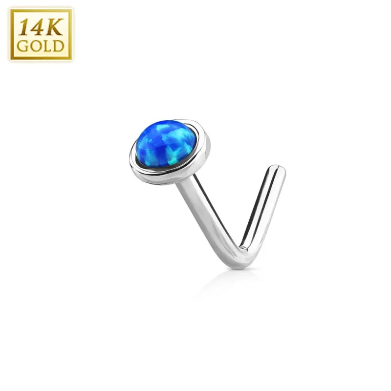 Piercing nez Or blanc 14 carats opale bleue dome tige en L