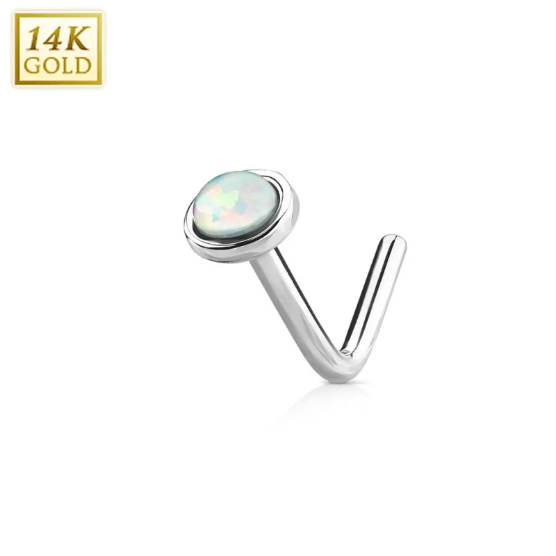 Piercing nez Or blanc 14 carats opale blanche dome tige en L