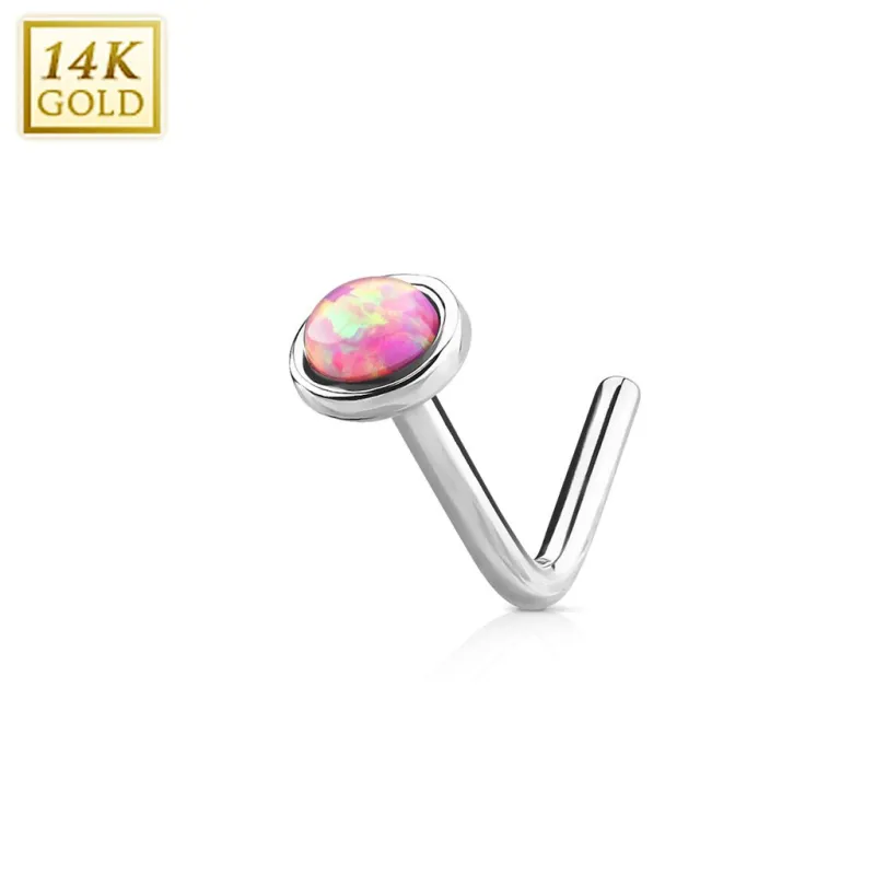 Piercing nez Or blanc 14 carats opale rose dome tige en L