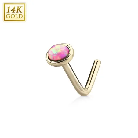 Piercing nez Or jaune 14 carats opale rose dome tige en L